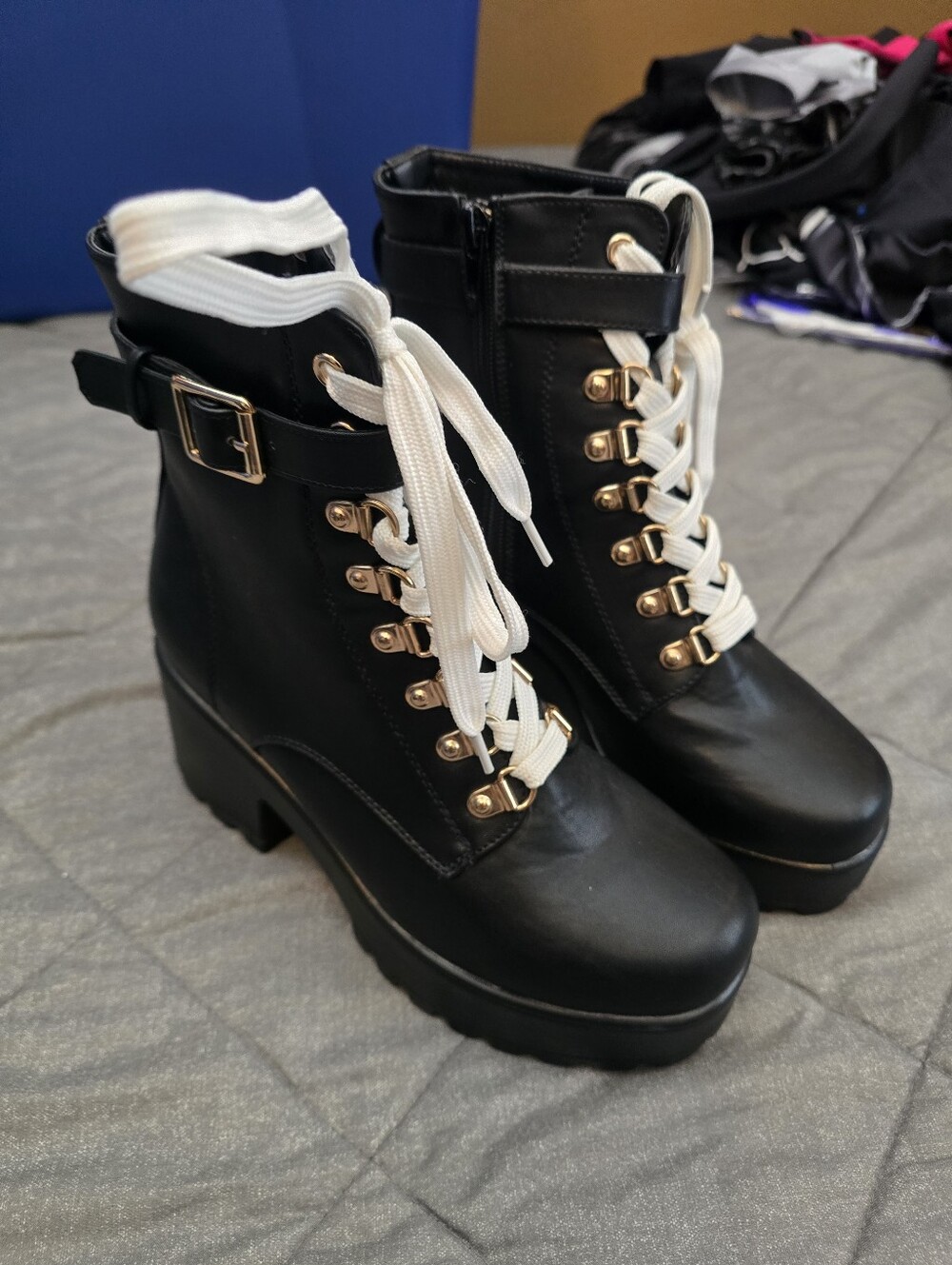 koi Black Lace-Up Platform Ankle Boots with White Laces